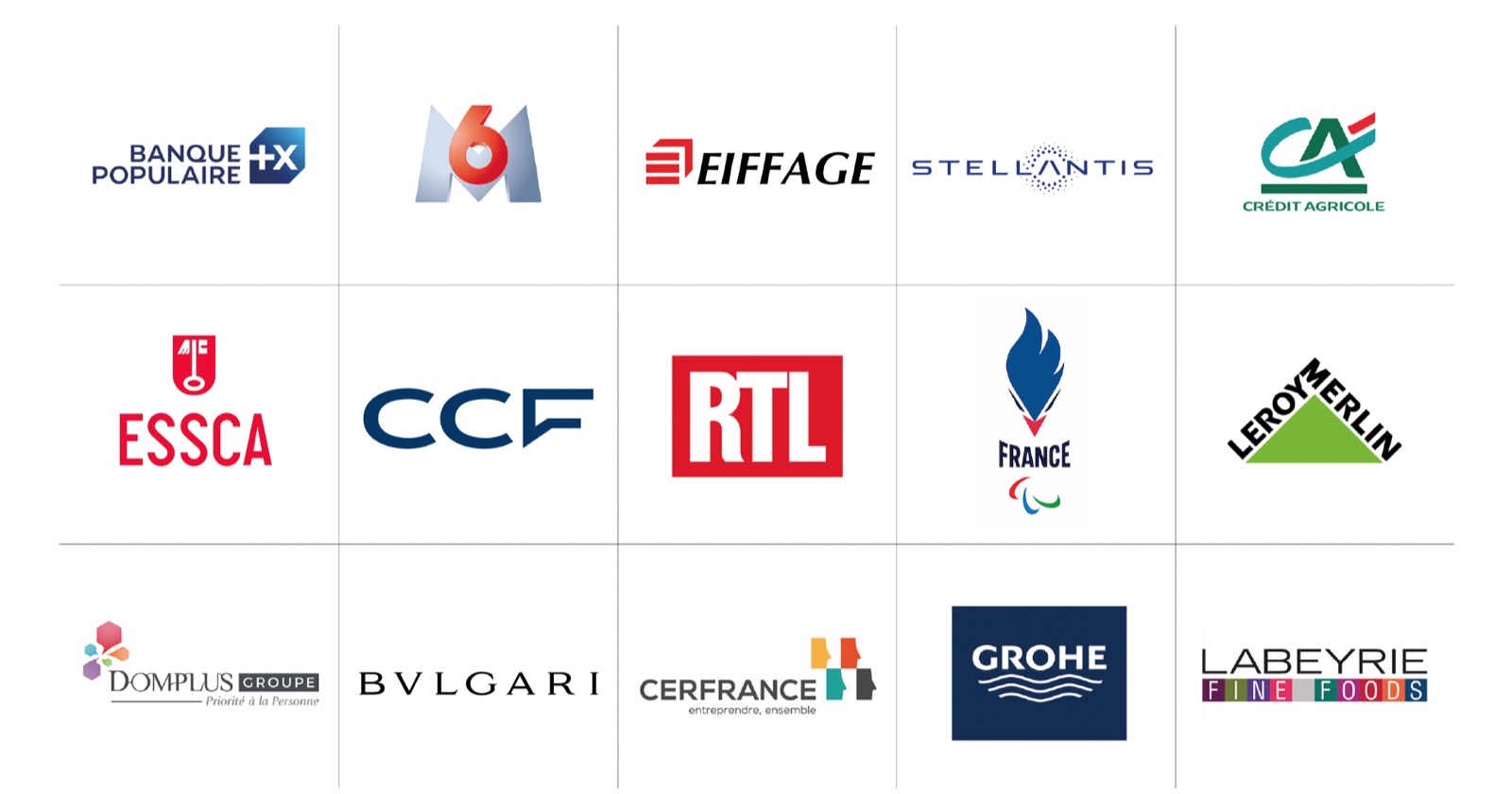 Logos de nos clients premium : Banque Populaire, M6, Eiffage, Stellantis, Crédit Agricole, ESSCA, CCF, RTL, France Paralympique, Leroy Merlin, Domplus Groupe, Bulgari, Cerfrance, Grohe, Labeyrie Fine Foods.